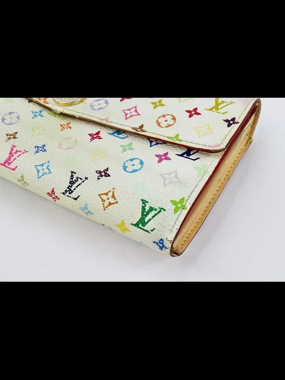 Louis Vuitton Multicolor Monogram White Canvas Wallet with Gold Button
